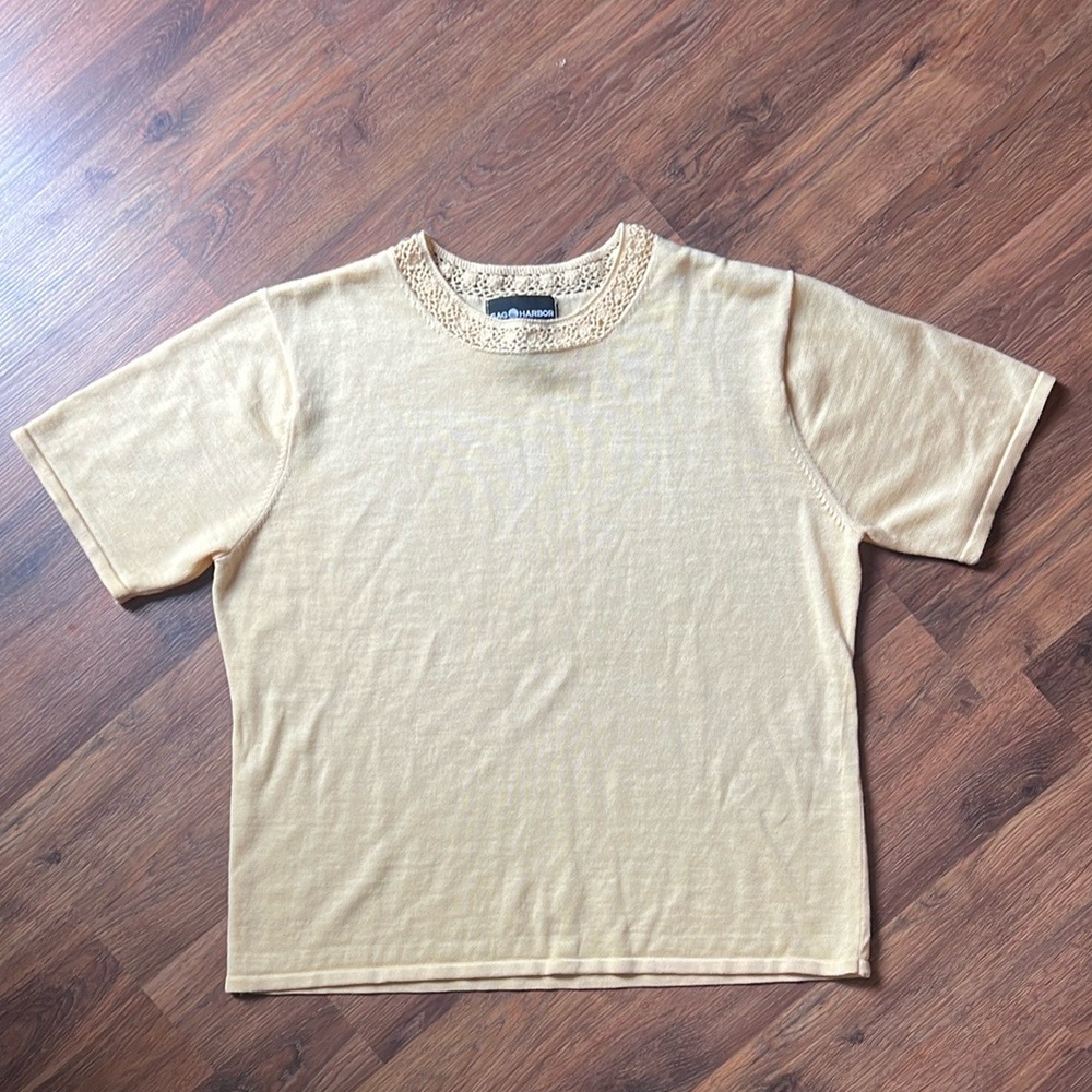 Sag Harbor Butter Yellow Short Sleeve Tee - Crochet Floral Neckline